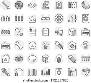 Editable thin line isolated vector icon set - pencil, add to basket, percent, equalizer, bone vector, brain, bridge, 3d, smart house, fence, bulb, blocks, connect, eggplant, washer, cake, pound, buy