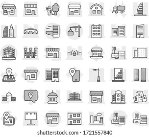 Editable thin line isolated vector icon set - shop, store, drawbridge, houses, goverment house, building, skyscrapers, skyscraper, mall, modern architecture, modular, district, city, bridge, palace