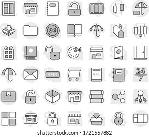 Editable thin line isolated vector icon set - unlock, shop, box, mail, copybook, window, door, arch, package, documents, insurance, unlocked, vector, book, japanese candle, office, umbrella, share