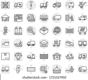 Editable thin line isolated vector icon set - box, delivery, cargo stoller, warehouse, sea shipping, truck, loading crane, top sign, do not hook, courier, search, railroad, fast deliver, cruise ship