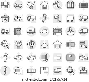 Editable thin line isolated vector icon set - delivery, cargo stoller, warehouse, truck shipping, car, scooter, package box, top sign, do not hook, search, parachute, sea container vector, wood, no