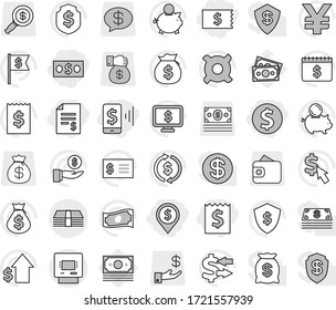 Editable thin line isolated vector icon set - dollar coin, money, receipt, account balance, mobile pay, pin, atm, exchange vector, cash, bag, piggy bank, investment, growth, flag, shield, calendar