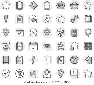 Editable thin line isolated vector icon set - add to cart, remove from basket, percent, star, geo pin, important flag, terms, clipboard, pen, check, sun potection, mobile checking, map, handwheel