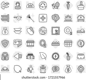 Editable thin line isolated vector icon set - market, left arrow, flower, hospital recieption vector, barn, dome house, greenhouse, bed, stadium, location details, protected, first aid, life vest