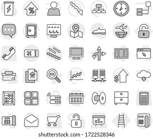 Editable thin line isolated vector icon set - calendar, sms, map, plane shipping, ticket, watch, unlocked, window, stairs, coil vector, server, office phone, browser, abacus, archive, graph, crisis