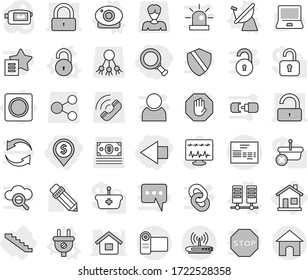 Editable thin line isolated vector icon set - dollar pin, magnifier, left arrow, lock, unlock, invoice, home, ring button, stairs, plug vector, satellite antenna, server, web camera, pencil, share