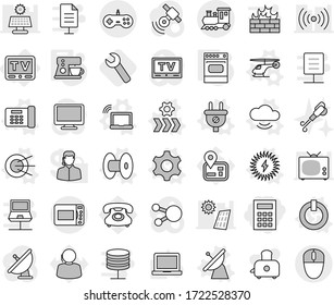 Editable thin line isolated vector icon set - calculator, train, tv, gear vector, on off button, plug, coil, helicopter, satellite antenna, laptop wifi, cloud service, office phone, conveyor, oven