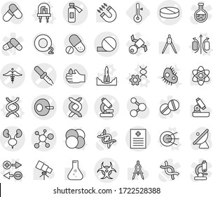 Editable thin line isolated vector icon set - dna vector, artificial insemination, pipette, pill, microscope, recipe, potion bottle, virus, biohazard, kidneys, ambulance sign, acid, atom core, led