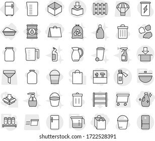 Editable thin line isolated vector icon set - shopping bag, box, tools, cleanser, potion bottle vector, package, pallet, washing, fridge, cauldron, measuring cup, spices, bucket, trash bin, sprayer