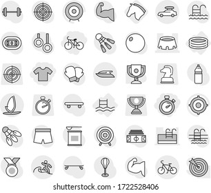 Editable thin line isolated vector icon set - t shirt, stopwatch, bike, stadium, car baggage, surfer, yacht, windsurfing, inflatable pool, horse, award cup vector, target, barbell, punching bag