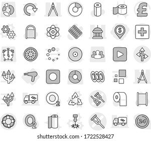 Editable thin line isolated vector icon set - dollar pin, crutch vector, draw compass, goverment house, drawing compasses, route, first aid, lifebuoy, hair dryer, gears, atom, laser, recycle, wheel
