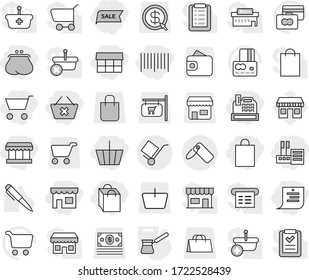 Editable thin line isolated vector icon set - cart, basket, purse, delete, shop, store, market, shopping list, bag, sale, bar code, cashbox, trolley, label, turk, pen vector, credit card, office
