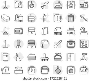 Editable thin line isolated vector icon set - bin, washing machine, broom, kettle, rag, hob, fridge, food processor, plunger vector, vacuum cleaner, fetlock, mop, sponge, car, powder, water tap