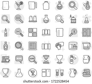 Editable thin line isolated vector icon set - wineglass, magnifier vector, potion bottle, window, cargo search, cocktail, data, measuring cup, coffee maker, ketchup, jug, cleaning, shining, clean