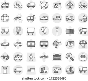 Editable thin line isolated vector icon set - ambulance car vector, helicopter, airport building, tower, shipping, scooter, port, fragile, do not hook sign, package, fork loader, railroad, broken