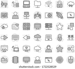 Editable thin line isolated vector icon set - calculator, baggage checking, cooler fan, chip vector, laptop wifi, server, cloud, service, wireless, lock, bug, notebook pc, graph, heart monitor, user