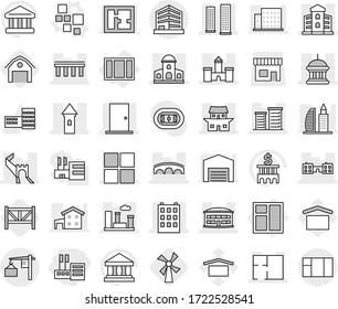 Editable thin line isolated vector icon set - store, tower, castle, greate wall, bridge, goverment house, mansion, building, skyscrapers, airport, window, door, school, district, japanese, city