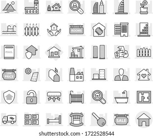 Editable thin line isolated vector icon set - mansion, houses, skyscrapers, skyscraper, modern architecture, panel house, home, hold vector, chalet, pool, mailbox, solar, mountain, fence, plan, key