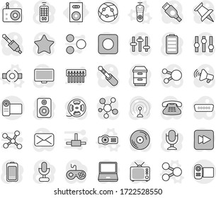 Editable thin line isolated vector icon set - speaker, share vector, connect, remote control, projector, film spool, disk, radio, antenna, loudspeaker, tv, gamepad, settings, microphone, internet