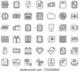 Editable thin line isolated vector icon set - clipboard, money, shopping list, sale label, percent, copybook, heart cross vector, recipe, project, calendar, pen, invoice, documents, document, ticket