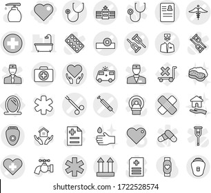 Editable thin line isolated vector icon set - heart, medical cross vector, ambulance star, crutch, doctor case, patch, stethoscope, head reflector, hospital, car, anamnesis, health care, syringe