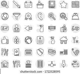 Editable thin line isolated vector icon set - funnel, pills blister vector, recipe, ear, route, scooter shipping, workman, check in, shield, analytics, no signal, steake, viruses, sprayer, plates