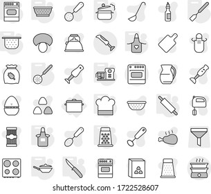 Editable thin line isolated vector icon set - pan, steam, colander, cook hat, apron, skimmer, spatula, knife, rolling pin, oven, food processor, grater, kettle vector, timer, whisk, ladle, mixer