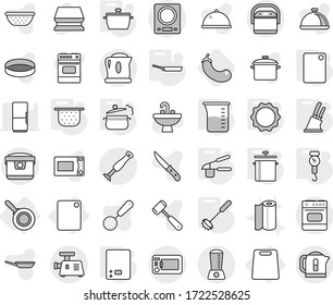Editable thin line isolated vector icon set - cutting board, pan, steam, colander, measuring cup, kitchen scales, handle, garlic clasp, whisk, knife holder, induction oven, eggplant, sponge vector