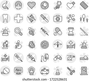 Editable thin line isolated vector icon set - medical cross vector, thermometer, syringe, pipette, crutch, doctor case, pill, ambulance car, helicopter, monitor pulse, tomography, tooth, stomach