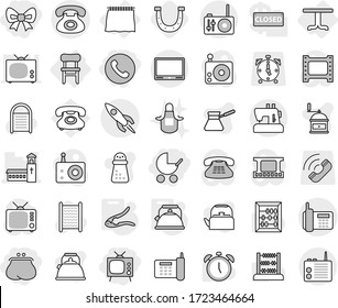 Editable thin line isolated vector icon set - bow, purse, phone, tv, baby stroller, church, rocket, curtain, table, chair, kettle, walnut crack, horseshoe, washboard vector, apron, hand mill, abacus