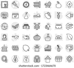 Editable thin line isolated vector icon set - market, left arrow, flower, crutch vector, monitor pulse, leafs, hospital recieption, greenhouse, stadium, location details, life vest, in window, beans