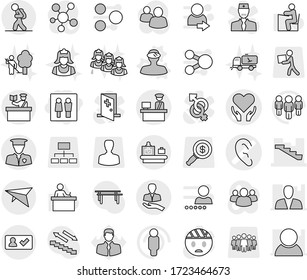 Editable thin line isolated vector icon set - wc, ear vector, health care, stairs, client, customs control, security man, deltaplane, tourist, check in, baggage checking, inspector, vr helmet, team