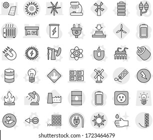 Editable thin line isolated vector icon set - panel house, gas station, barrel, sun, electricity, power socket, electron vector, magnet, bulb, plug, factory, press, oil pump, battery, solar, ecology