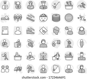 Editable thin line isolated vector icon set - hand coin, broken vector, doctor, under construction, client, support manager, customs, do not trolley sign, security man, workman, tourist, detector