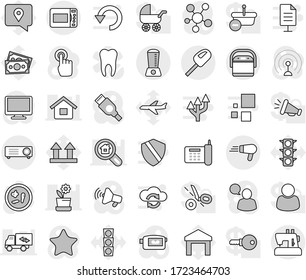 Editable thin line isolated vector icon set - plane vector, money, traffic light, phone, traking, top sign, warehouse, antenna, loudspeaker, video camera, touchscreen, speaking man, monitor, hdmi