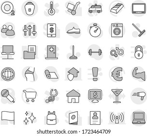 Editable thin line isolated vector icon set - mop vector, rake, shining, backpack, world, personal information, flag, gold ingot, cart, monitor dollar, euro sign, barbell, stopwatch, muscule hand