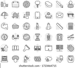 Editable thin line isolated vector icon set - scraper vector, sponge, towel, foam basin, cleaning agent, shining window, cook press, plates, mushroom, pen, ruler, abacus, exchange, percent growth
