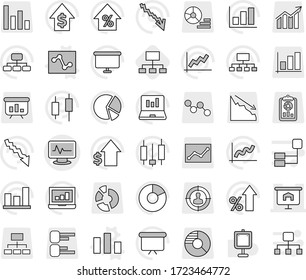 Editable thin line isolated vector icon set - monitor pulse vector, presentation, chart, analytics, hierarchy, graph, pie, japanese candle, laptop, crisis, percent growth, dollar, board, report