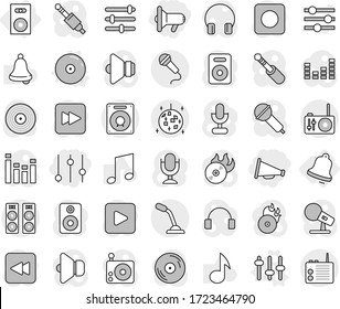 Editable thin line isolated vector icon set - equalizer, megafon, loudspeaker, disco ball, speaker, bell, setup vector, cd, music, disk, hit, microphone, radio, headphones, play button, forward, rec