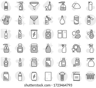 Editable thin line isolated vector icon set - funnel, cleanser, pills bottle vector, potion, vegetable oil, ketchup, wine, window cleaning, liquid soap, sprayer, agent, garbage pile, shampoo, dish