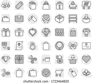 Editable thin line isolated vector icon set - gift, bow, shopping bag, box, label, sale, delivery, diamond, necklace, heart vector, health care, package, hi quality, parachute, pendant, rack, cart