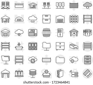 Editable thin line isolated vector icon set - archive vector, bunker, warehouse, hangare, consolidated cargo, documents, rack, pallet, server, cloud service, barrel, grain elevator, package, binder