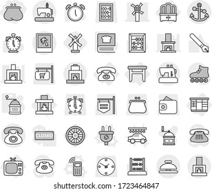 Editable thin line isolated vector icon set - purse, windmill, phone, anchor, photo, service bell, wardrobe, dresser, stool, tv, fireplace, plug vector, mobile, hand mill, cooking book, wheel, pen
