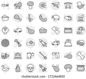 Editable thin line isolated vector icon set - chicken leg, head reflector vector, bone, skull, flower bed, insurance, rocket, deltaplane, aquapark, satellite, sieve, sheep, shovel, goose, eggplant