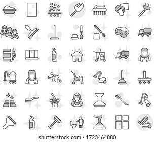 Editable thin line isolated vector icon set - washing, filter vector, scraper, cleaner trolley, vacuum, mop, car fetlock, window cleaning, toilet brush, agent, shining, woman, sweeper, clean floor