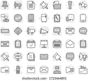 Editable thin line isolated vector icon set - megafon, loudspeaker, singlepost, mail, sms, calendar, terms, document, fridge, envelope vector, do not distrub, paper pin, clipboard, billboard, woman