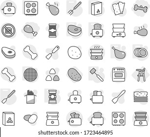 Editable thin line isolated vector icon set - chicken leg, bone, Chair for babies, toaster, spatula, big fork, meat hammer, hob, plates, sieve, cereals, pasta, steake, potato, vector, oven, cereal