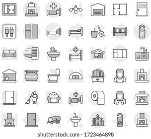 Editable thin line isolated vector icon set - wc, hospital bed vector, hangare, door, plan, hotel, do not distrub, dresser, crib, fireplace, toilet, paper, water closet, sink, cleaner woman, tap