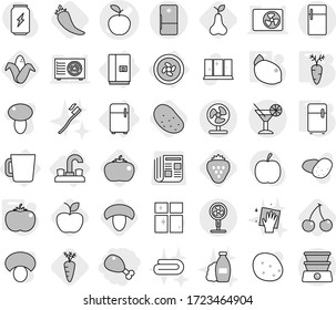 Editable thin line isolated vector icon set - chicken leg, apple vector, cocktail, cooler fan, water tap, fridge, cup, tomato, carrot, lemon, hot pepper, cherry, mushroom, corn, pear, strawberry
