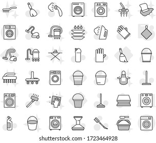 Editable thin line isolated vector icon set - washing machine, broom, bucket, vacuum cleaner, plate, rag, vector, mop, sponge, car fetlock, steaming, washer, cleaning agent, rubber glove, wiping